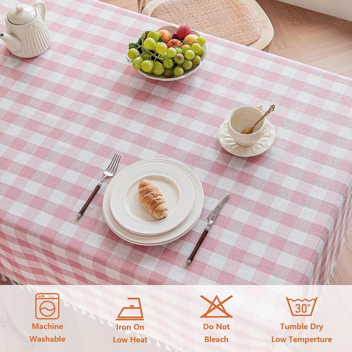 Checkered Tablecloth, Cotton Linen Gingham Table Cloth for Rectangle Table with Tassel, Washable Heavy Duty Wrinkle Free Plaid Table Cover for Dining Picnic Camping, Pink, 90 X 55 Inch