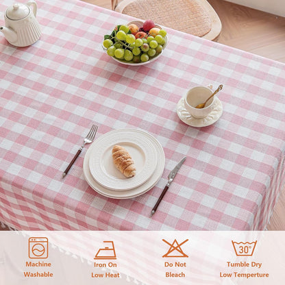 Checkered Tablecloth, Cotton Linen Gingham Table Cloth for Rectangle Table with Tassel, Washable Heavy Duty Wrinkle Free Plaid Table Cover for Dining Picnic Camping, Pink, 90 X 55 Inch