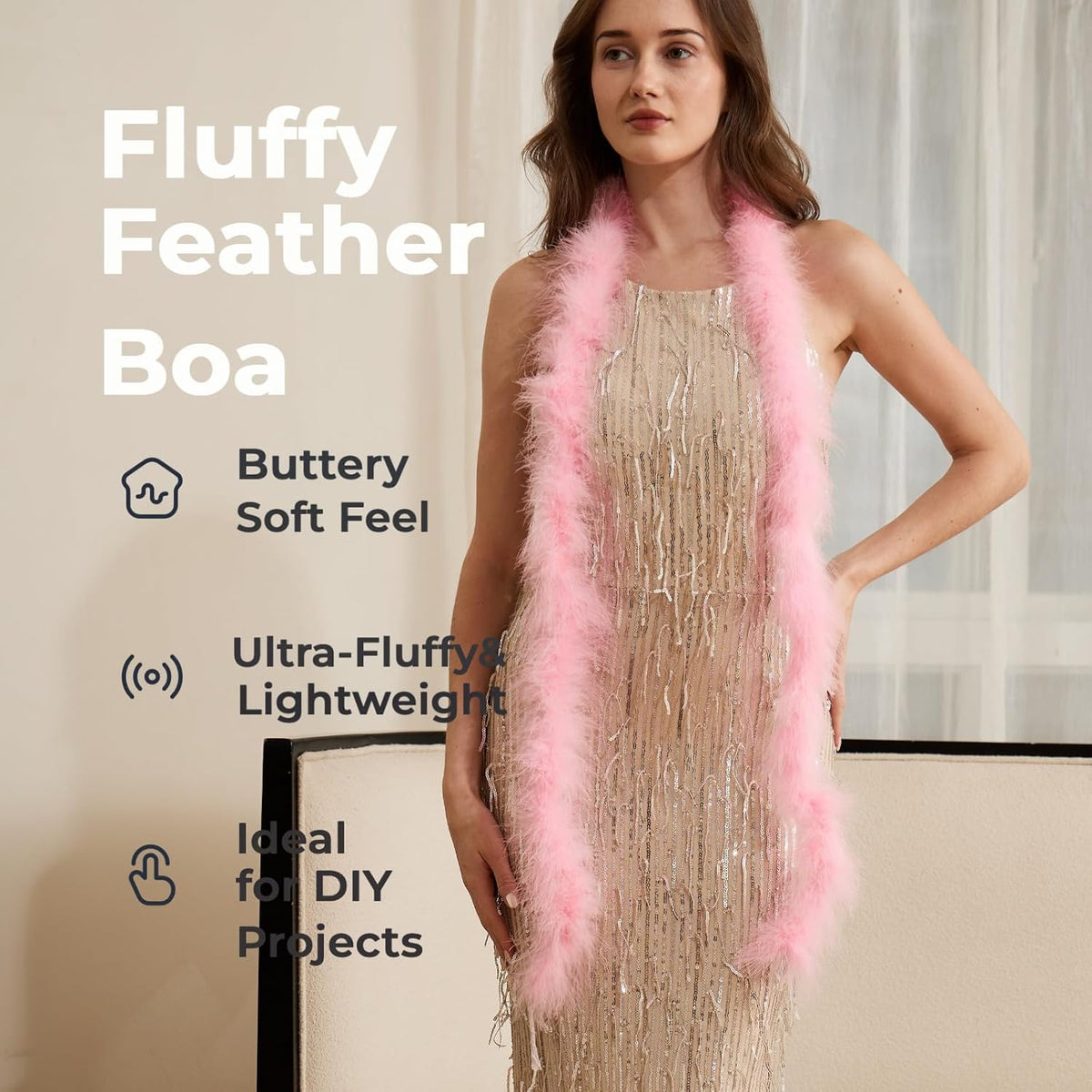 2 Yards 20g Fluffy Marabou Feather Boa for DIY Craft Sewing Trim Home Wedding Party Decoration-Light Pink