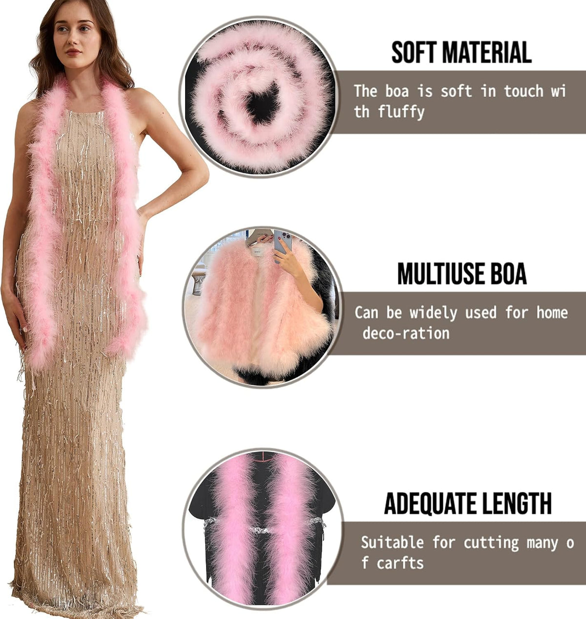 2 Yards 20g Fluffy Marabou Feather Boa for DIY Craft Sewing Trim Home Wedding Party Decoration-Light Pink