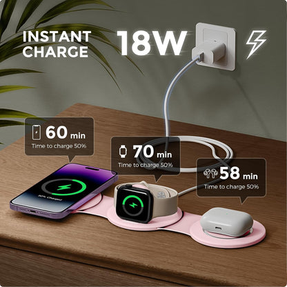 3-in-1 Wireless Charging Station for iPhone, Watch, AirPods, Pink