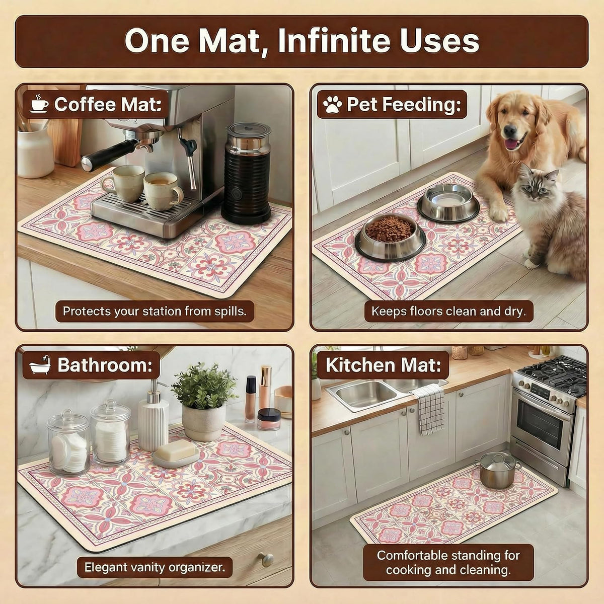 Boho Dish Drying Mat for Kitchen Counter - Super Absorbent Faux Leather Kitchen Mat, Quick Dry & Non-Slip Countertop Protector, Aesthetic Bohemian Decor for Coffee Bar (17"x31.5", Pink)
