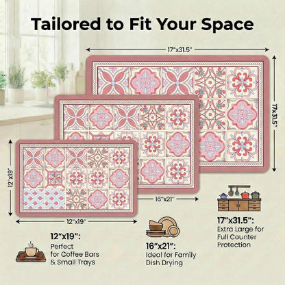 Boho Dish Drying Mat for Kitchen Counter - Super Absorbent Faux Leather Kitchen Mat, Quick Dry & Non-Slip Countertop Protector, Aesthetic Bohemian Decor for Coffee Bar (17"x31.5", Pink)
