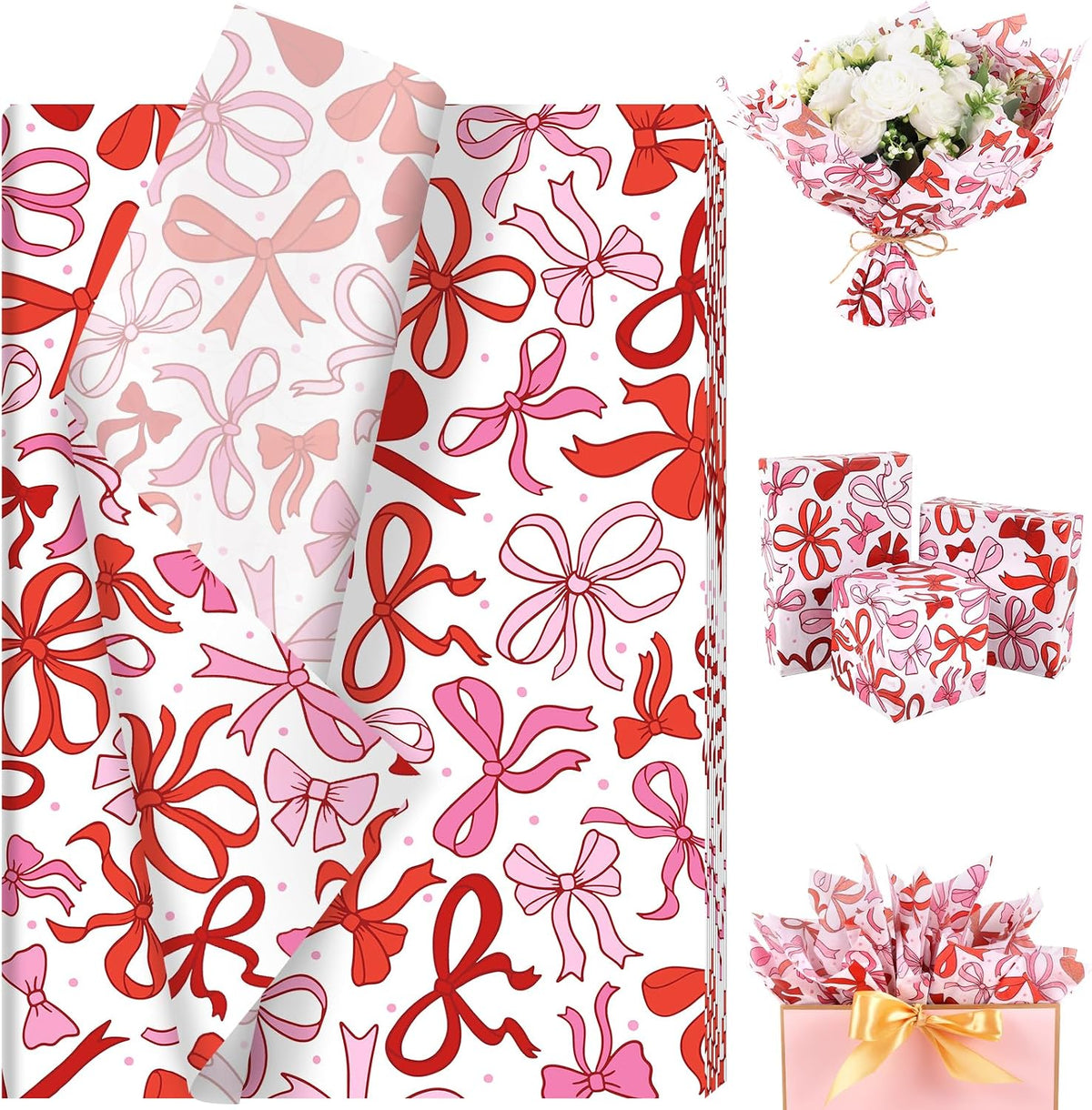 100 Sheet Mother's Day Coquette Bows Tissue Paper, Red Pink Bow Heart Gift Wrapping Paper for Valentine's Day Party Supplies, 13.8 x 19.7 Inch