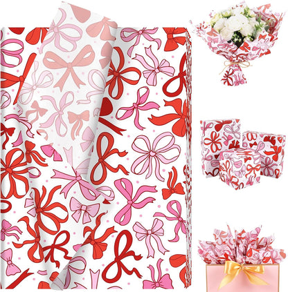 100 Sheet Mother's Day Coquette Bows Tissue Paper, Red Pink Bow Heart Gift Wrapping Paper for Valentine's Day Party Supplies, 13.8 x 19.7 Inch