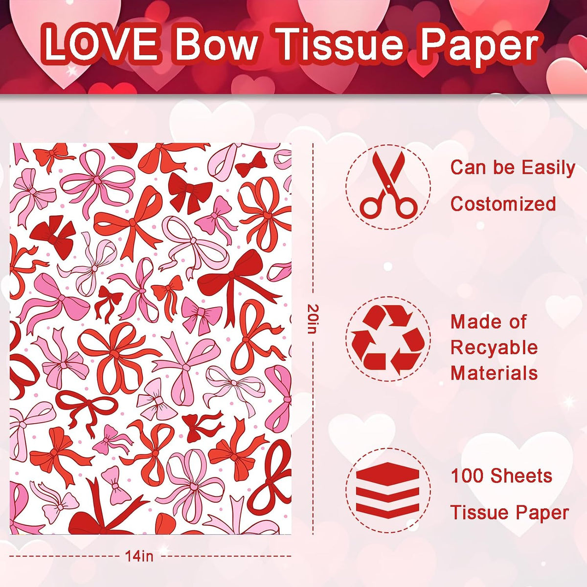 100 Sheet Mother's Day Coquette Bows Tissue Paper, Red Pink Bow Heart Gift Wrapping Paper for Valentine's Day Party Supplies, 13.8 x 19.7 Inch