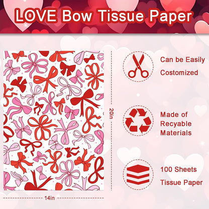 100 Sheet Mother's Day Coquette Bows Tissue Paper, Red Pink Bow Heart Gift Wrapping Paper for Valentine's Day Party Supplies, 13.8 x 19.7 Inch