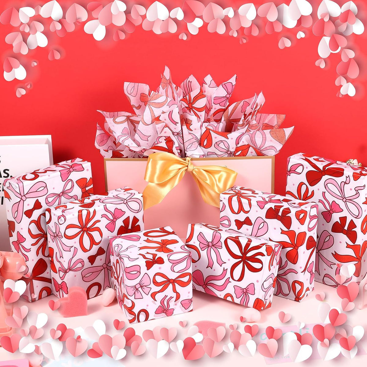 100 Sheet Mother's Day Coquette Bows Tissue Paper, Red Pink Bow Heart Gift Wrapping Paper for Valentine's Day Party Supplies, 13.8 x 19.7 Inch