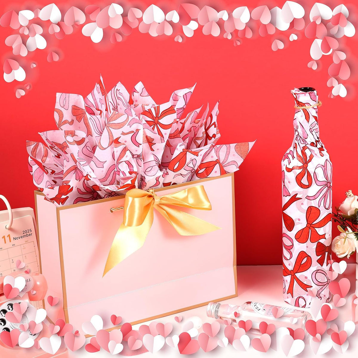 100 Sheet Mother's Day Coquette Bows Tissue Paper, Red Pink Bow Heart Gift Wrapping Paper for Valentine's Day Party Supplies, 13.8 x 19.7 Inch