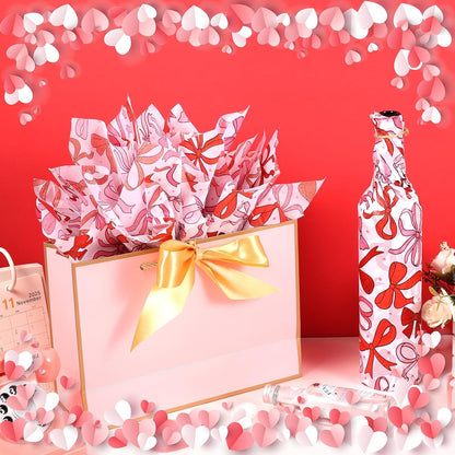 100 Sheet Mother's Day Coquette Bows Tissue Paper, Red Pink Bow Heart Gift Wrapping Paper for Valentine's Day Party Supplies, 13.8 x 19.7 Inch