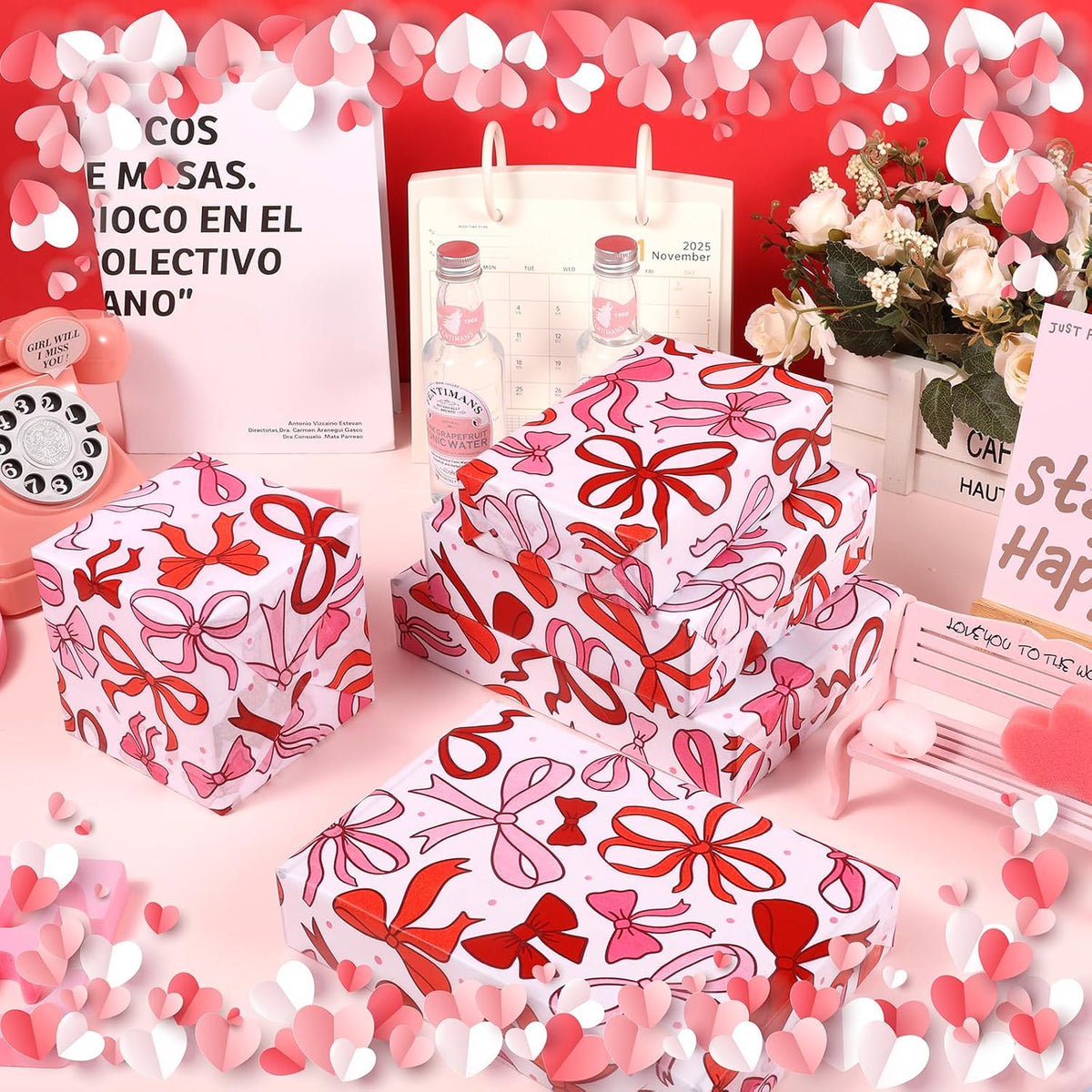 100 Sheet Mother's Day Coquette Bows Tissue Paper, Red Pink Bow Heart Gift Wrapping Paper for Valentine's Day Party Supplies, 13.8 x 19.7 Inch
