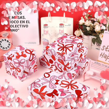 100 Sheet Mother's Day Coquette Bows Tissue Paper, Red Pink Bow Heart Gift Wrapping Paper for Valentine's Day Party Supplies, 13.8 x 19.7 Inch