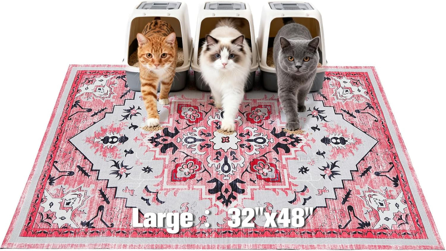 Cat Litter Mat, 32”x48” XL Non-Slip Urine Waterproof Litter Trapping Mat Easy to Clean Washable Litter Box Mat for Floor Soft on Kitty Paws, Indoor Food Mats Rug Pads for Bathroom Pink