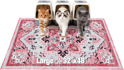 Cat Litter Mat, 32”x48” XL Non-Slip Urine Waterproof Litter Trapping Mat Easy to Clean Washable Litter Box Mat for Floor Soft on Kitty Paws, Indoor Food Mats Rug Pads for Bathroom Pink