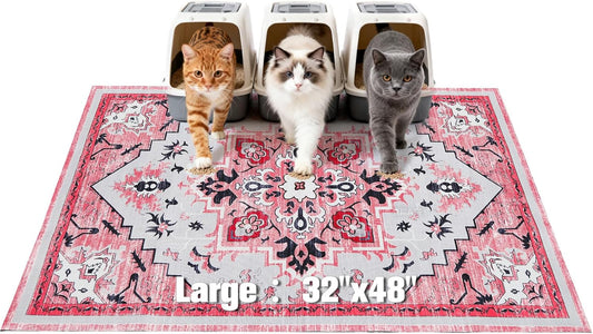 Cat Litter Mat, 32”x48” XL Non-Slip Urine Waterproof Litter Trapping Mat Easy to Clean Washable Litter Box Mat for Floor Soft on Kitty Paws, Indoor Food Mats Rug Pads for Bathroom Pink