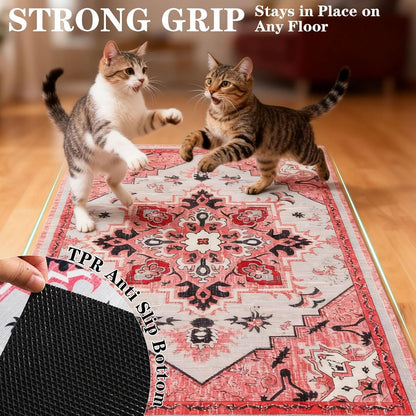 Cat Litter Mat, 32”x48” XL Non-Slip Urine Waterproof Litter Trapping Mat Easy to Clean Washable Litter Box Mat for Floor Soft on Kitty Paws, Indoor Food Mats Rug Pads for Bathroom Pink