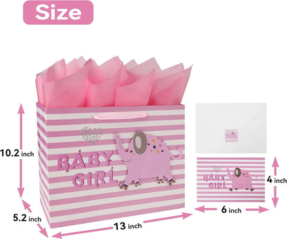 13" Large Pink Gift Bag Set with Greeting Card and Tissue Paper(3D elephant) for Baby Girl,Baby Shower,Kids Birthday Party,Newborn,New Moms or Parents-13” x 5.2” x 10.2”, 1 Pcs.