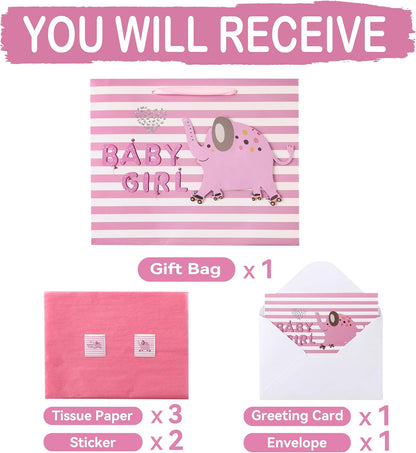 13" Large Pink Gift Bag Set with Greeting Card and Tissue Paper(3D elephant) for Baby Girl,Baby Shower,Kids Birthday Party,Newborn,New Moms or Parents-13” x 5.2” x 10.2”, 1 Pcs.