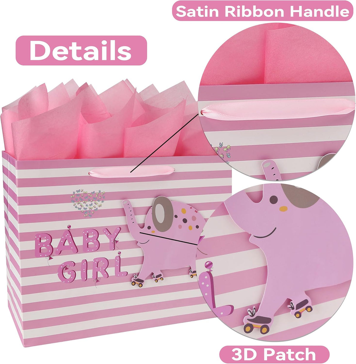 13" Large Pink Gift Bag Set with Greeting Card and Tissue Paper(3D elephant) for Baby Girl,Baby Shower,Kids Birthday Party,Newborn,New Moms or Parents-13” x 5.2” x 10.2”, 1 Pcs.
