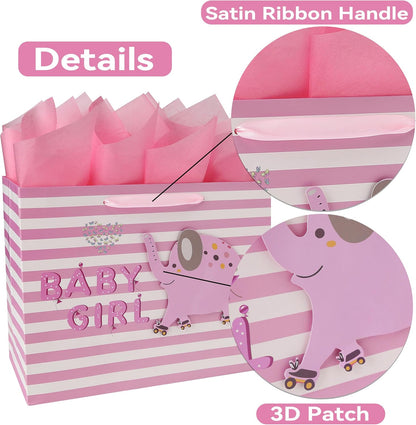 13" Large Pink Gift Bag Set with Greeting Card and Tissue Paper(3D elephant) for Baby Girl,Baby Shower,Kids Birthday Party,Newborn,New Moms or Parents-13” x 5.2” x 10.2”, 1 Pcs.