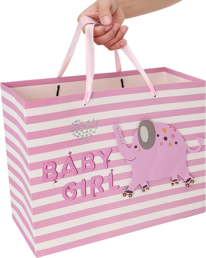 13" Large Pink Gift Bag Set with Greeting Card and Tissue Paper(3D elephant) for Baby Girl,Baby Shower,Kids Birthday Party,Newborn,New Moms or Parents-13” x 5.2” x 10.2”, 1 Pcs.