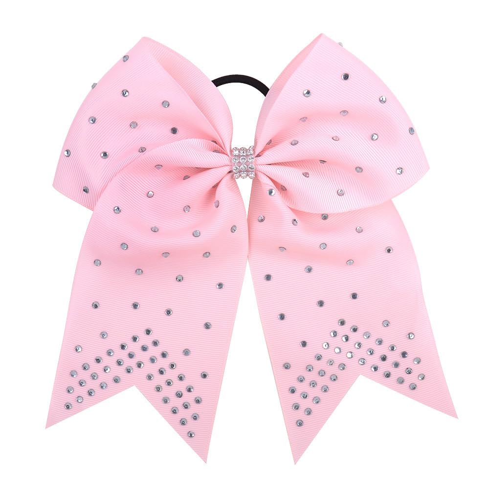 7 Inches Rhinestone Hair Bows Elastic Hair Tie Ribbon Large Cheer Bow Ponytail Holder Hair Band for Women Girls Kids Teens (Pink)