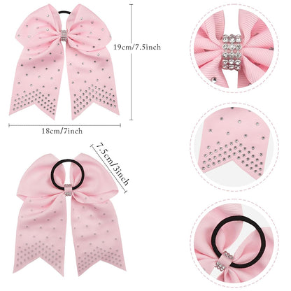 7 Inches Rhinestone Hair Bows Elastic Hair Tie Ribbon Large Cheer Bow Ponytail Holder Hair Band for Women Girls Kids Teens (Pink)