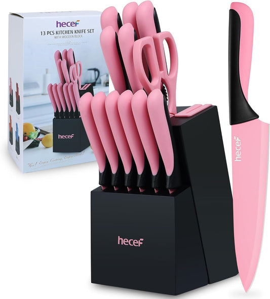 13 Pieces Kitchen Knife Set with Built-in Sharpening Wooden Block, Dishwasher Safe, High Carbon Stainless Steel Knife Block Set with Steak Knives, Kitchen Scissors, Pink