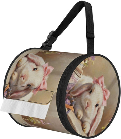 Round Tissue Holder Bag Car Hanging Tissue Boxes Cover with Adjustable Strap Foldable Roll Storage Bags with Zipper Tissues Case Organizer for Home Decor Toilet Office(Bunny Pink Bow)