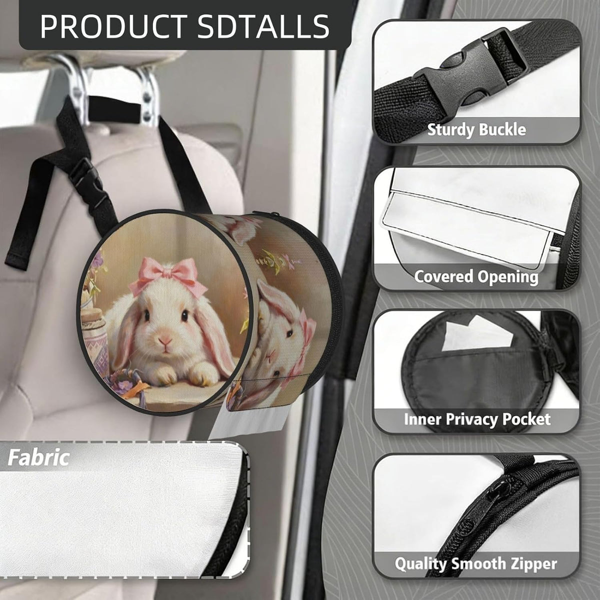 Round Tissue Holder Bag Car Hanging Tissue Boxes Cover with Adjustable Strap Foldable Roll Storage Bags with Zipper Tissues Case Organizer for Home Decor Toilet Office(Bunny Pink Bow)