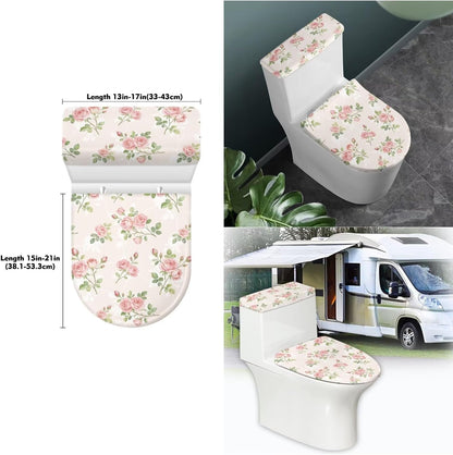 Pink Rose Toilet Seat Cover and U Shaped Rug 3 Pcs Set, Anti-Slip Toilet Lid Tank Cover Contour Mat Easy to Install Universal Fit Round Oval Elongated Toilets for Home, Floral Bathroom Decor