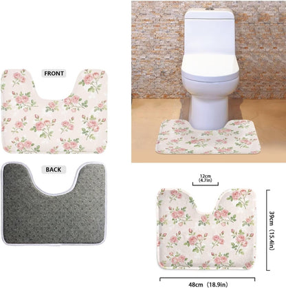 Pink Rose Toilet Seat Cover and U Shaped Rug 3 Pcs Set, Anti-Slip Toilet Lid Tank Cover Contour Mat Easy to Install Universal Fit Round Oval Elongated Toilets for Home, Floral Bathroom Decor