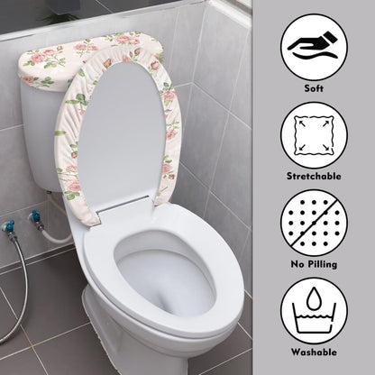 Pink Rose Toilet Seat Cover and U Shaped Rug 3 Pcs Set, Anti-Slip Toilet Lid Tank Cover Contour Mat Easy to Install Universal Fit Round Oval Elongated Toilets for Home, Floral Bathroom Decor