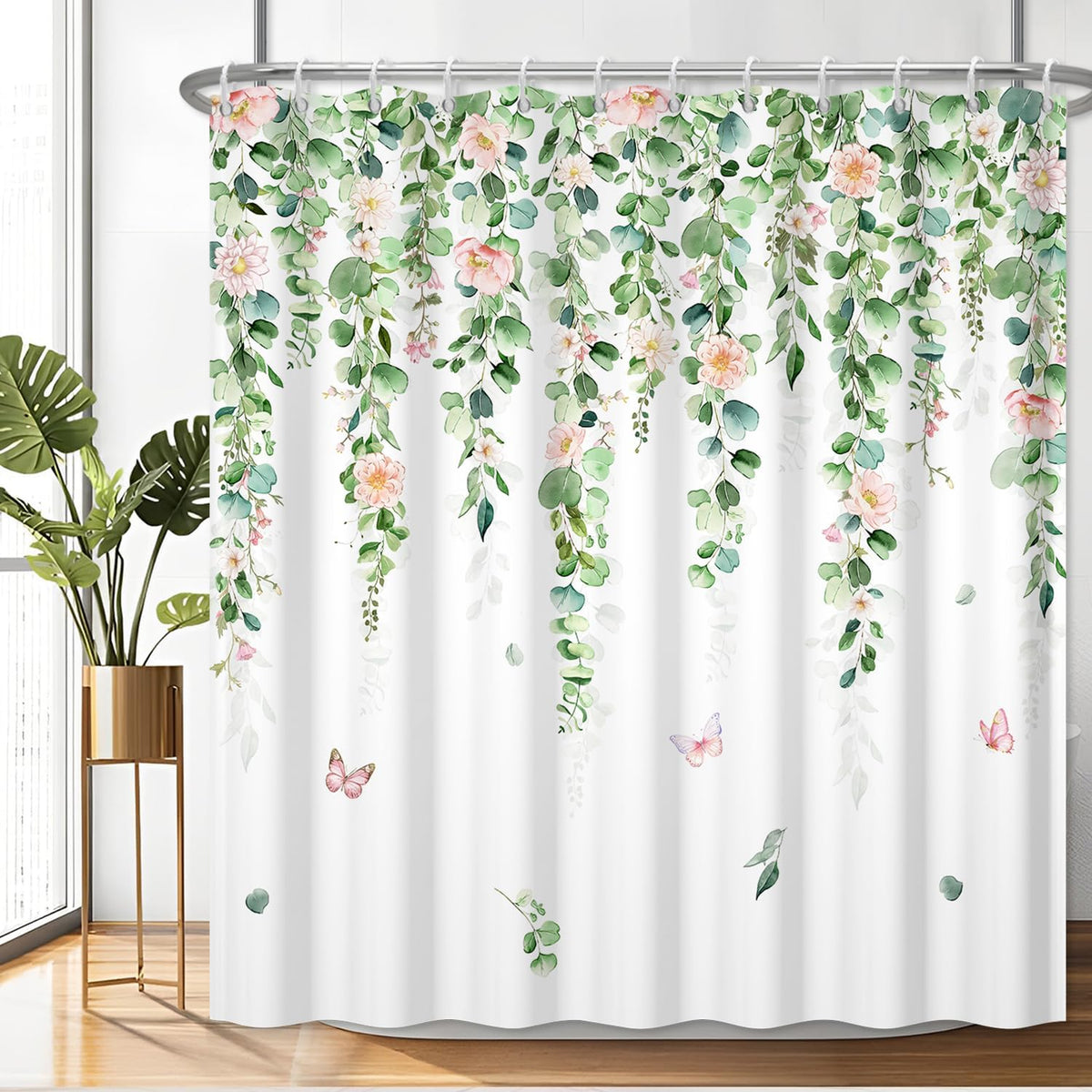 Fabric Shower Curtain with Hooks, Waterproof & Washable & Polyester, Green Pink Floral Shower Curtains for Bathroom, Spring Summer Rustic Flower Botanical Bathroom Curtain, House Gift, 71x74 Inch