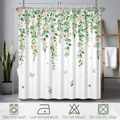 Fabric Shower Curtain with Hooks, Waterproof & Washable & Polyester, Green Pink Floral Shower Curtains for Bathroom, Spring Summer Rustic Flower Botanical Bathroom Curtain, House Gift, 71x74 Inch