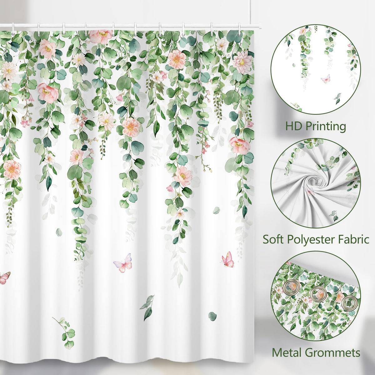 Fabric Shower Curtain with Hooks, Waterproof & Washable & Polyester, Green Pink Floral Shower Curtains for Bathroom, Spring Summer Rustic Flower Botanical Bathroom Curtain, House Gift, 71x74 Inch