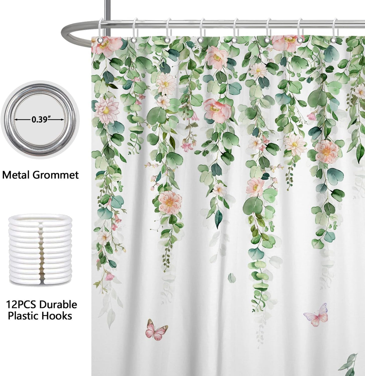 Fabric Shower Curtain with Hooks, Waterproof & Washable & Polyester, Green Pink Floral Shower Curtains for Bathroom, Spring Summer Rustic Flower Botanical Bathroom Curtain, House Gift, 71x74 Inch