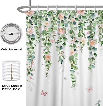 Fabric Shower Curtain with Hooks, Waterproof & Washable & Polyester, Green Pink Floral Shower Curtains for Bathroom, Spring Summer Rustic Flower Botanical Bathroom Curtain, House Gift, 71x74 Inch