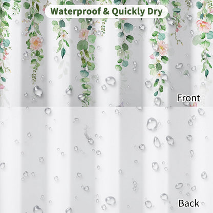 Fabric Shower Curtain with Hooks, Waterproof & Washable & Polyester, Green Pink Floral Shower Curtains for Bathroom, Spring Summer Rustic Flower Botanical Bathroom Curtain, House Gift, 71x74 Inch
