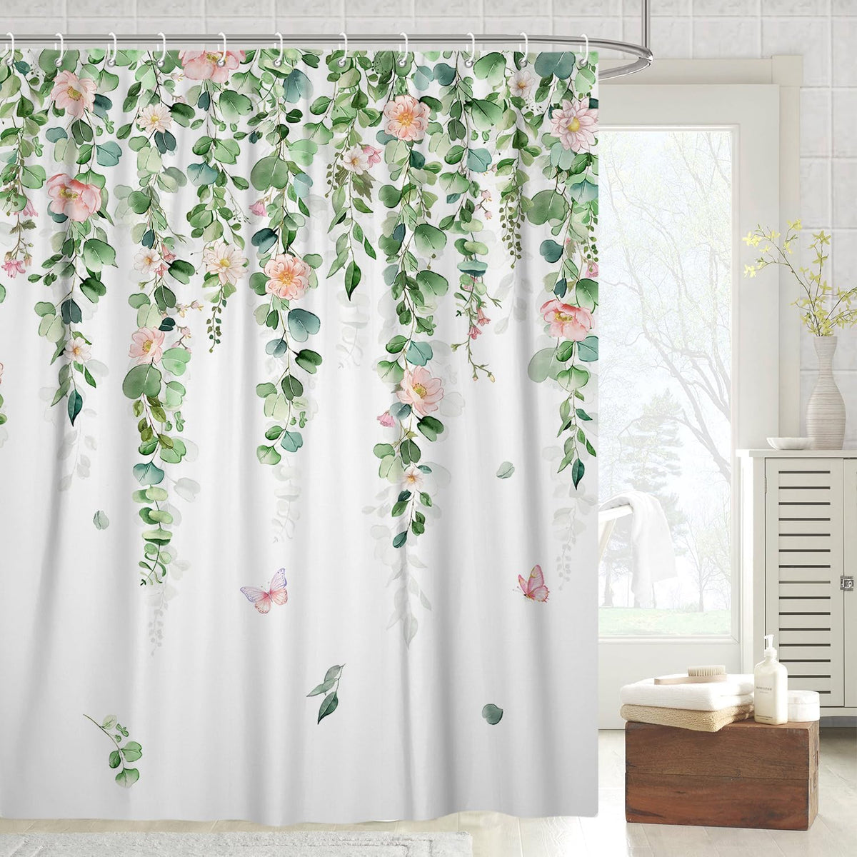 Fabric Shower Curtain with Hooks, Waterproof & Washable & Polyester, Green Pink Floral Shower Curtains for Bathroom, Spring Summer Rustic Flower Botanical Bathroom Curtain, House Gift, 71x74 Inch