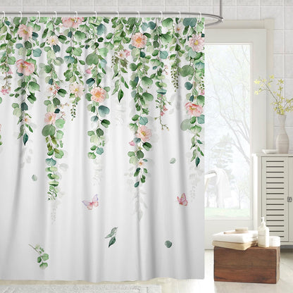 Fabric Shower Curtain with Hooks, Waterproof & Washable & Polyester, Green Pink Floral Shower Curtains for Bathroom, Spring Summer Rustic Flower Botanical Bathroom Curtain, House Gift, 71x74 Inch