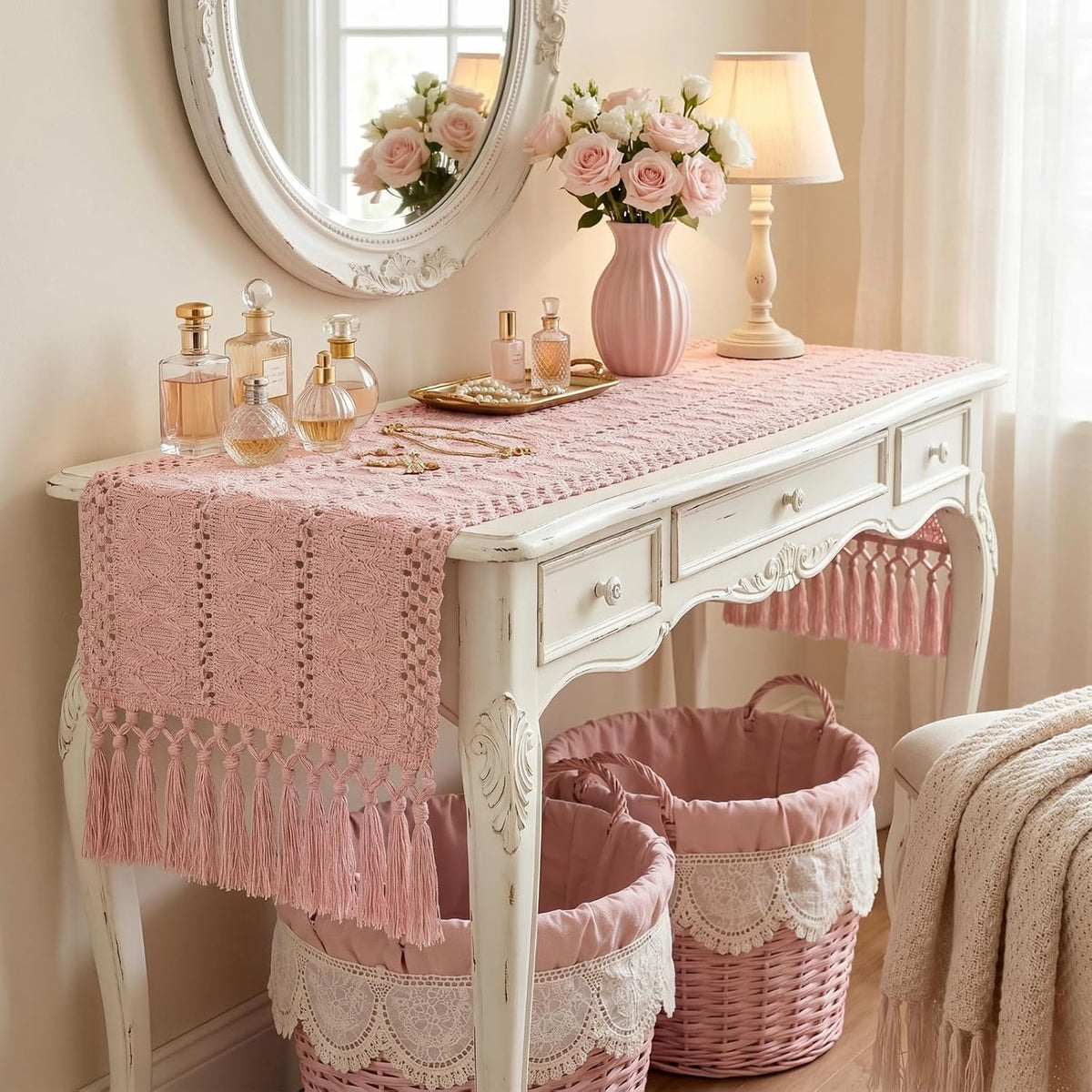 yuboo Pink Table Runner 48 Inches Long, Boho Dusty Rose Table Runner for Shabby Decor Farmhouse Dresser Runners for Bedroom, Nightstand, Coffee Table, Breakfast Table Decor