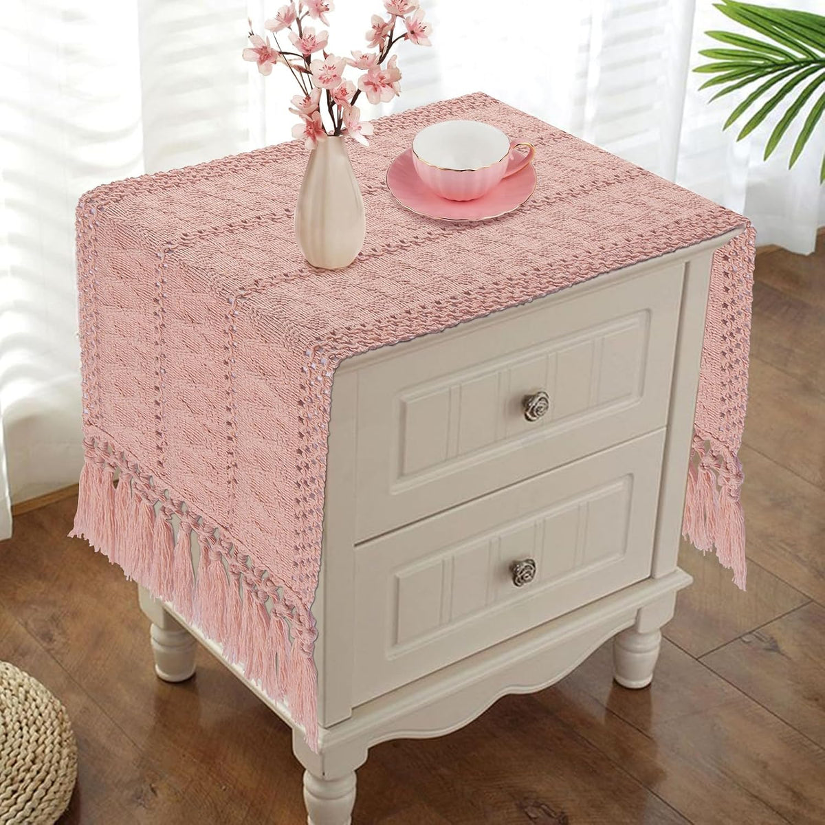 yuboo Pink Table Runner 48 Inches Long, Boho Dusty Rose Table Runner for Shabby Decor Farmhouse Dresser Runners for Bedroom, Nightstand, Coffee Table, Breakfast Table Decor