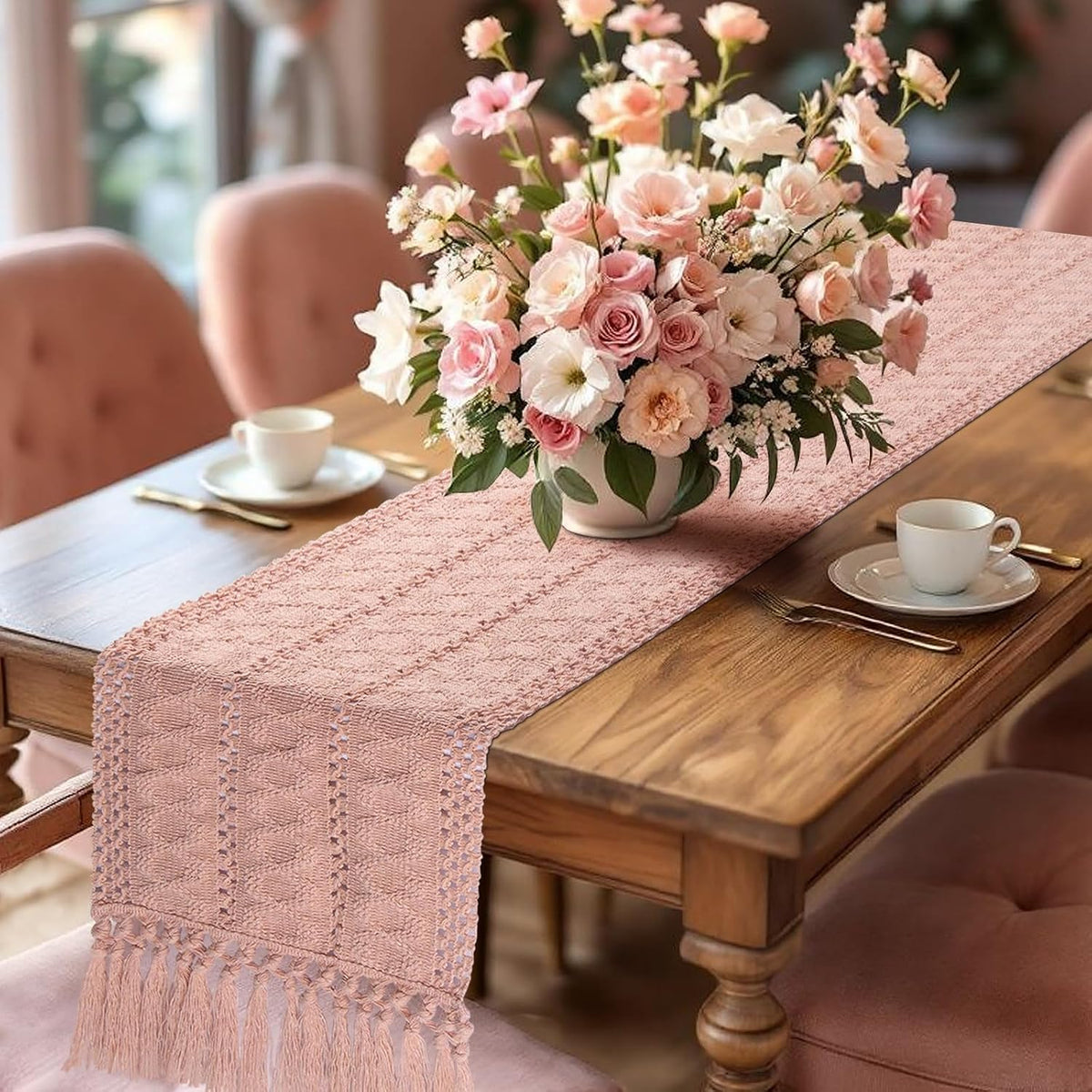 yuboo Pink Table Runner 48 Inches Long, Boho Dusty Rose Table Runner for Shabby Decor Farmhouse Dresser Runners for Bedroom, Nightstand, Coffee Table, Breakfast Table Decor