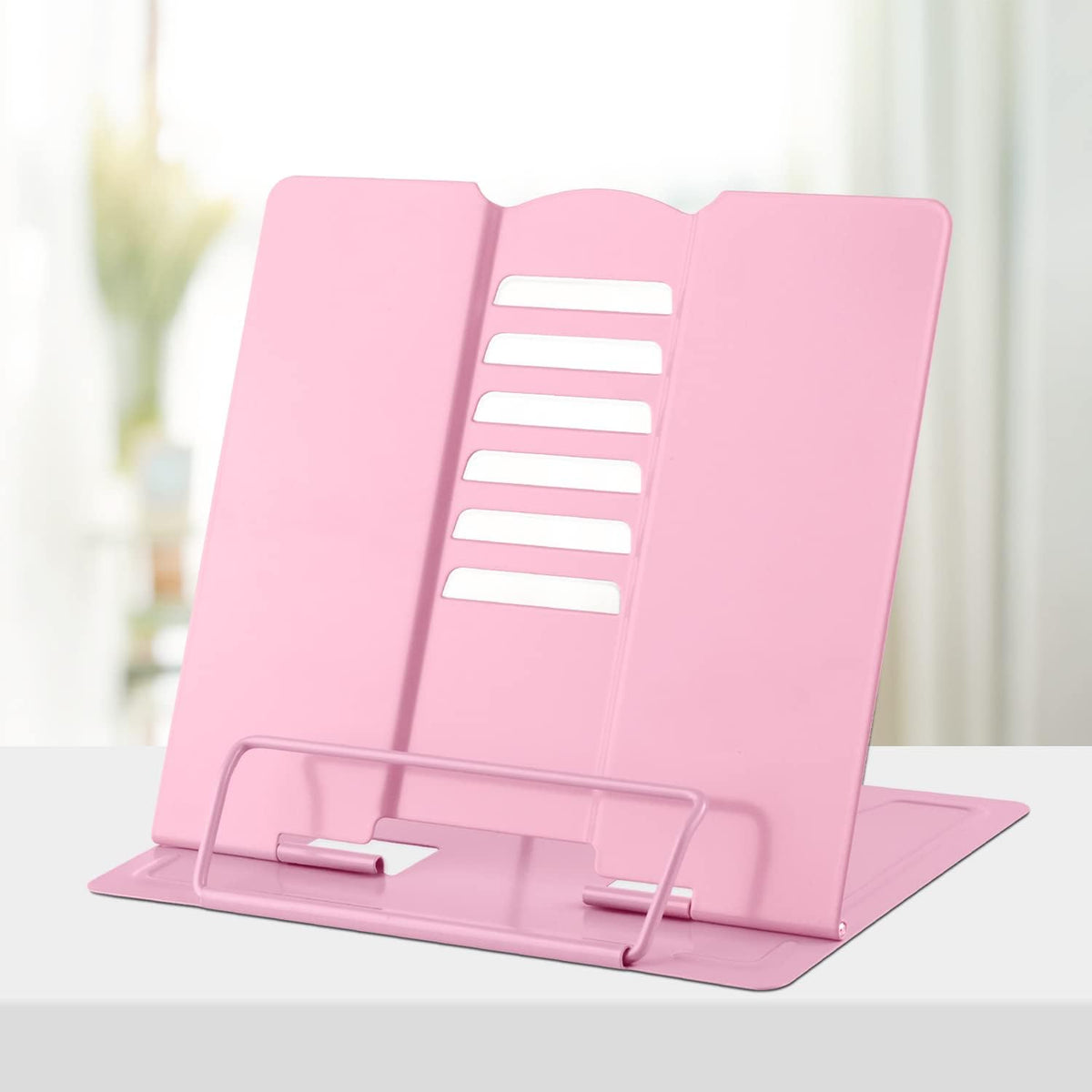 Honagu Book Stand Metal Desk Book Holder, Book Holders for Reading Hands Free, Adjustable Cookbook Documents Holder, Portable Bookstand for Music Books, Textbook, Recipe, Tablet, Ipad (Light Pink)