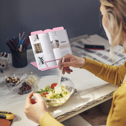 Honagu Book Stand Metal Desk Book Holder, Book Holders for Reading Hands Free, Adjustable Cookbook Documents Holder, Portable Bookstand for Music Books, Textbook, Recipe, Tablet, Ipad (Light Pink)