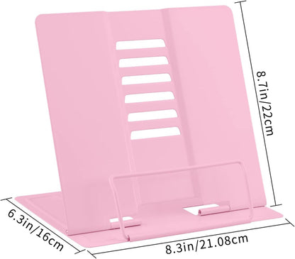 Honagu Book Stand Metal Desk Book Holder, Book Holders for Reading Hands Free, Adjustable Cookbook Documents Holder, Portable Bookstand for Music Books, Textbook, Recipe, Tablet, Ipad (Light Pink)