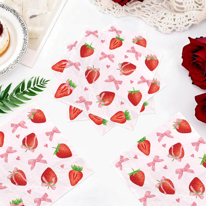 50Pcs Pink Bows Strawberry Cocktail Napkins 3 Ply 5 x 5 Inches Disposable Absorbent Sweet Berry Beverage Napkin for Girls Birthday Baby Shower Wedding Party Decorations