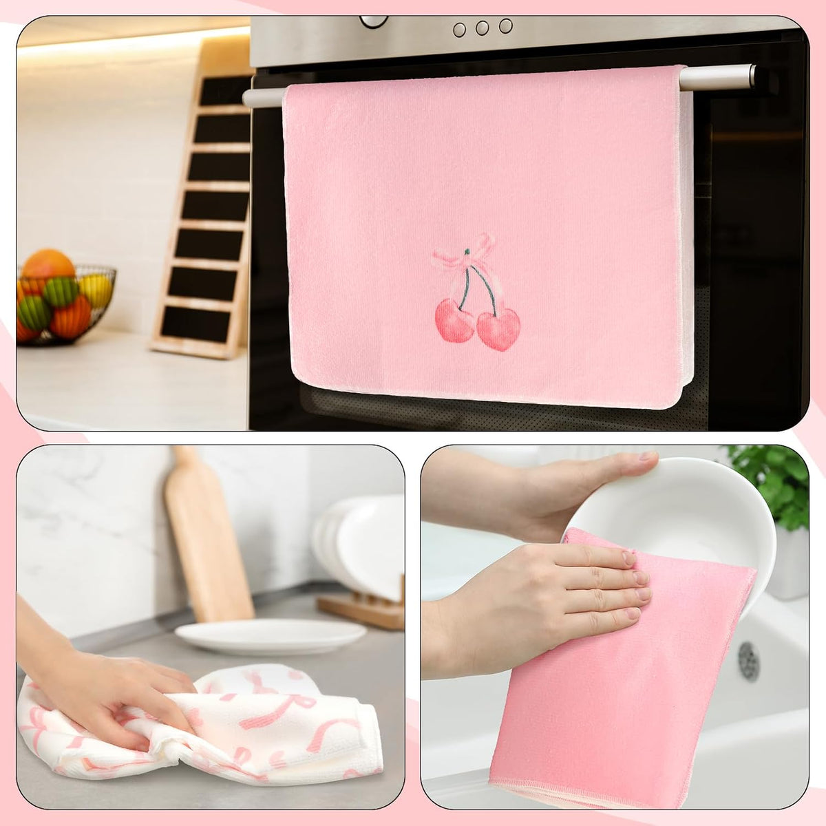 6 Pcs Coquette Kitchen Towels Microfiber Pink Bow Towels
