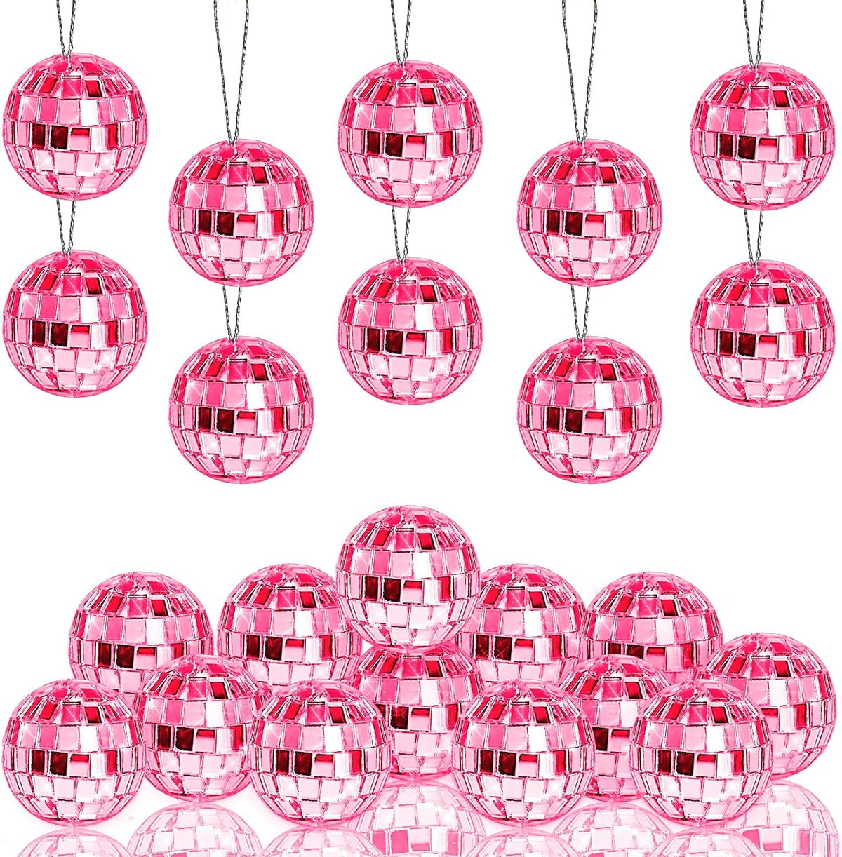 Pink Disco Ball 24 Pcs Hanging Mirror Disco Balls Pink Mini Disco Balls Ornaments Reflective Mirror Ball Cake Decoration with Rope Christmas Tree Wedding Dance Music Festivals Decor